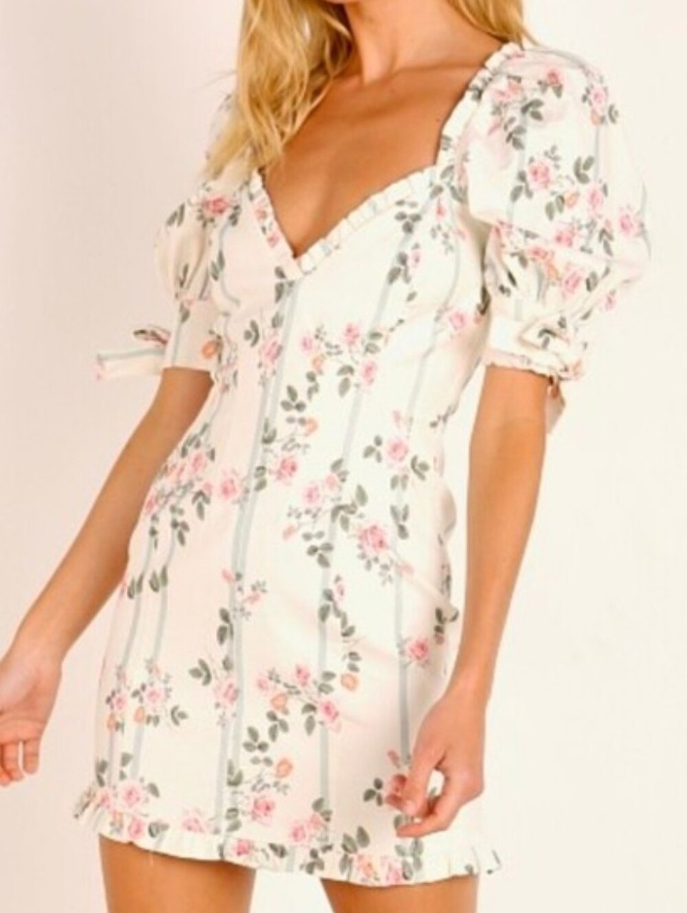 For Love And Lemons Linen Sweetheart Neck Rose Stripe Stretchy Mini tvory Small